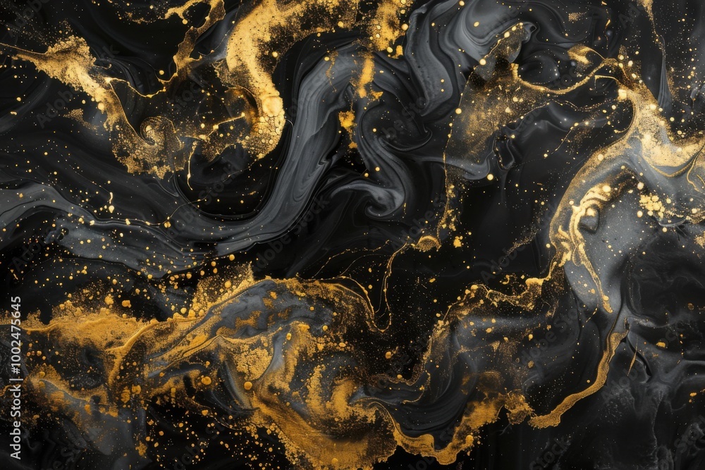 Abstract Marbled Design with Swirling Black and Gold Patterns, Resembling Fluid Art and Luxurious Cosmic Texture Abstract Marbled Design with Swirling Black and Gold Patterns, Resembling Fluid Art and Luxurious Cosmic Texture