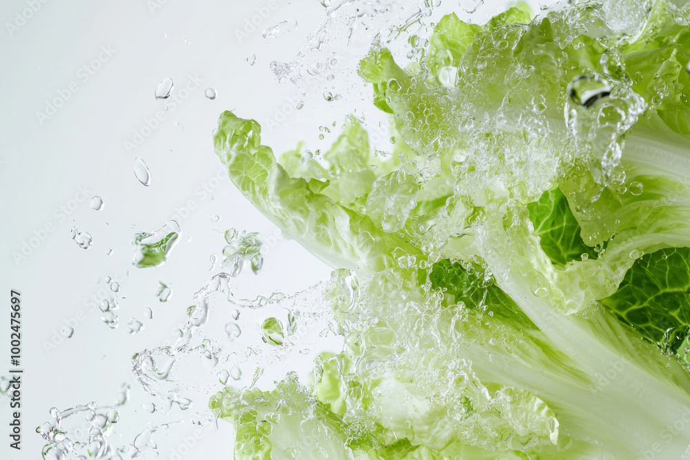 Fresh romaine lettuce splashing into clear water, creating refreshing droplets in the kitchen Fresh romaine lettuce splashing into clear water, creating refreshing droplets in the kitchen