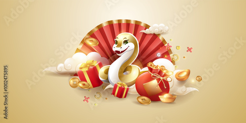 Illustration for the Chinese New Year 2025, cheerful snake , fan, coins, gifts, clouds on a light background, isolated vector. The golden snake brings good news. a small emblem.