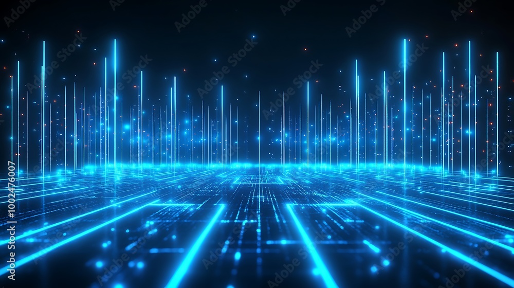 A vibrant digital landscape featuring glowing blue lines and vertical beams against a dark background, evoking a sense of innovation. A vibrant digital landscape featuring glowing blue lines and vertical beams against a dark background, evoking a sense of innovation.