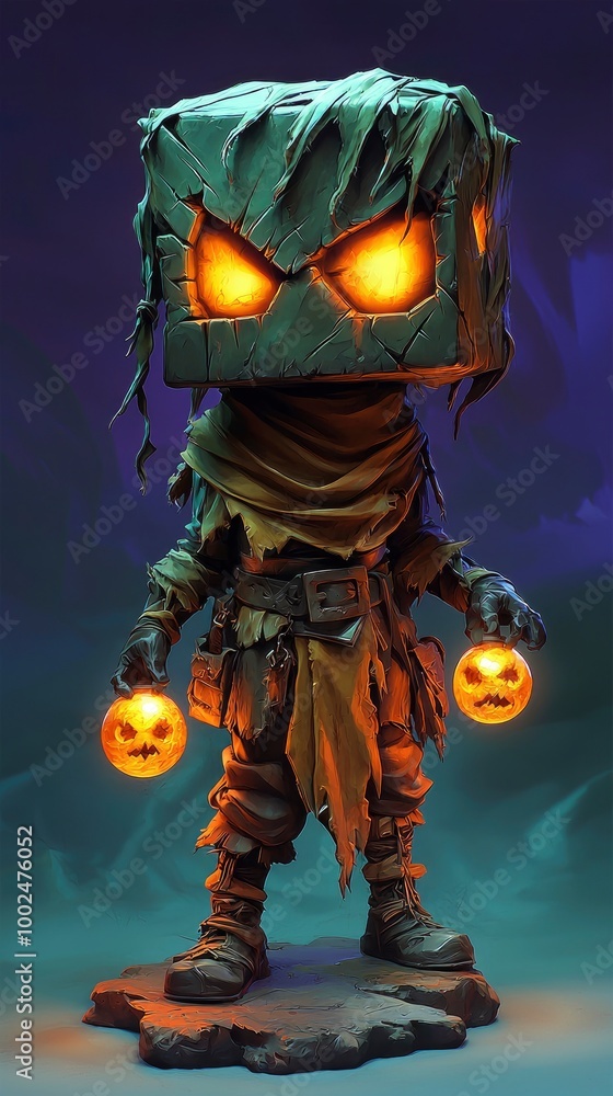 Fototapeta premium Glowing Pumpkin Head Creature with Jack-o'-Lanterns