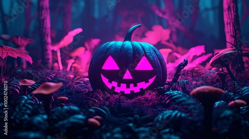 A glowing jack-o'-lantern sits among mystical foliage, emitting a vibrant purple light in an enchanting, spooky forest setting.