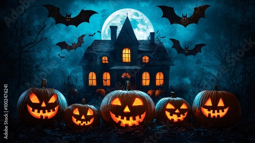 A spooky Halloween scene featuring a haunted house, glowing jack-o'-lanterns, and bats flying under a full moon.