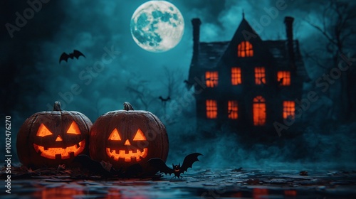 A spooky Halloween scene featuring carved pumpkins, a full moon, flying bats, and a haunted house in the background.