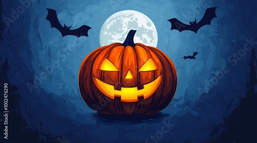 A glowing jack-o'-lantern stands against a night sky, accompanied by bats and a full moon, embodying the Halloween spirit.