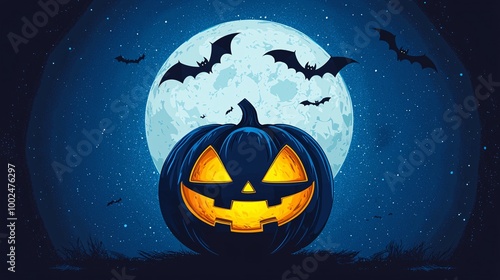 A glowing jack-o'-lantern sits under a full moon, surrounded by flying bats, creating a classic Halloween scene.