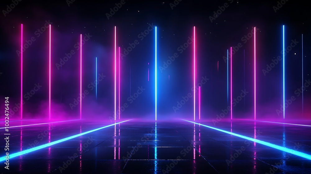 A vibrant display of glowing neon lights in blue and pink, creating a futuristic ambiance on a dark background. A vibrant display of glowing neon lights in blue and pink, creating a futuristic ambiance on a dark background.