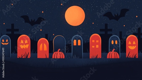 A spooky Halloween scene featuring glowing tombstones, a bright orange moon, bats, and pumpkins under a starry night sky.