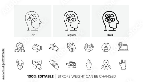 Stress, Three fingers and Horns hand line icons. Pack of Helping hand, People insurance, Touchscreen gesture icon. Person info, People talking, Computer fingerprint pictogram. Team work. Vector
