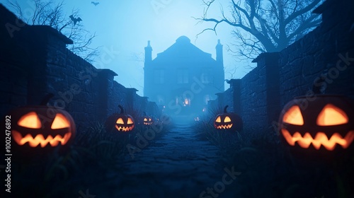A spooky path lined with glowing jack-o'-lanterns leads to a mysterious, fog-covered house, evoking the essence of Halloween.