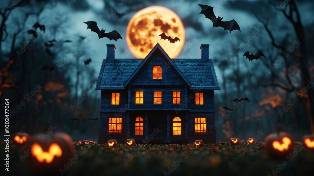 A spooky Halloween scene featuring a haunted house with glowing windows, bats flying, and a large full moon illuminating the eerie atmosphere. A spooky Halloween scene featuring a haunted house with glowing windows, bats flying, and a large full moon illuminating the eerie atmosphere.