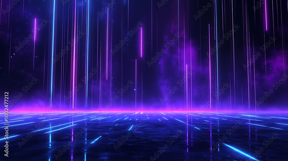 A vibrant neon light display with vertical beams and a reflective surface, creating a futuristic atmosphere. A vibrant neon light display with vertical beams and a reflective surface, creating a futuristic atmosphere.