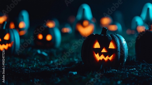 A glowing jack-o'-lantern stands out among a field of carved pumpkins, illuminating a dark, atmospheric night.