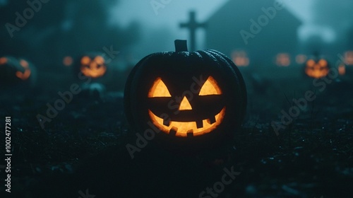A glowing jack-o'-lantern stands amidst misty graves, creating a spooky Halloween atmosphere with more carved pumpkins in the background.
