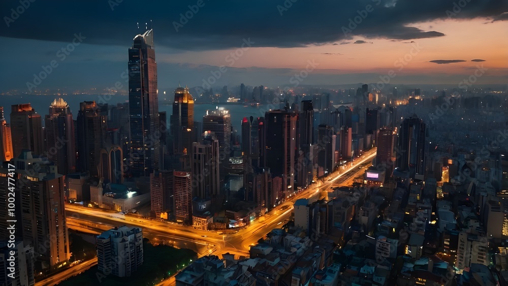 Fototapeta premium A sprawling cityscape illuminated by the orange lights of the city during the night. The city night view captures the beauty of the develop city.
