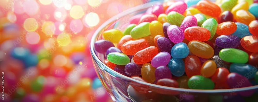 Colorful jelly beans in a glass bowl against a vibrant background. Colorful jelly beans in a glass bowl against a vibrant background.