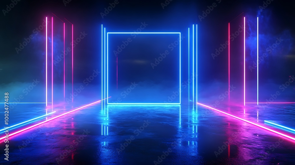 A vibrant neon-lit space with glowing blue and pink lights creating a futuristic ambiance. A vibrant neon-lit space with glowing blue and pink lights creating a futuristic ambiance.