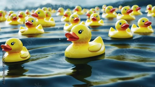 Many yellow rubber duckies float on a rippling blue water surface, with one in the foreground.