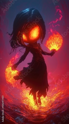 Wallpaper Mural Fiery Spirit A Digital Art Illustration of a Female Figure with Flaming Eyes and a Dress Floating Torontodigital.ca