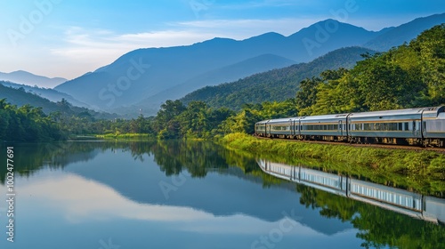 Scenic view of a train traveling beside a tranquil lake and mountains in the background.