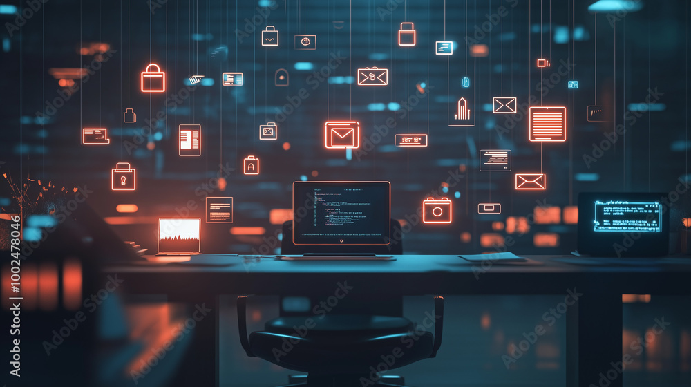 Fototapeta premium A dark virtual workspace showcases glowing task icons above a minimalist desk, connected by luminous threads, with abstract data visualizations casting a soft ambient glow in the background. v2