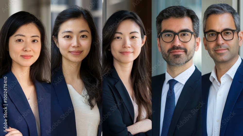Four Diverse Individuals Wearing Blue Suits and Looking Directly at the Camera Four Diverse Individuals Wearing Blue Suits and Looking Directly at the Camera