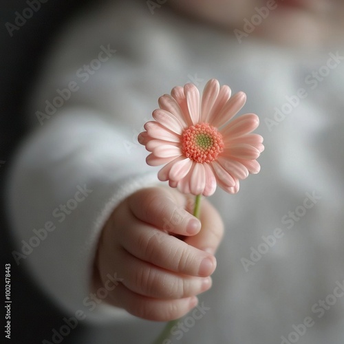   A photo of a person holding a flower with a baby's hand visible in the foreground and a baby's face peeking out from behind