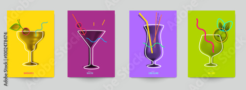 Set of abstract silhouette cocktails with alcohol or juice in minimalistic geometric flat style. Creative colorful composition. Concept for branding menu, cover, flyer, banner. Vector illustration.
