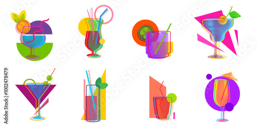 Set of cocktail glass silhouettes with geometric vivid elements in halftone. Minimal modern fashion composition for branding. Bright vector illustration.