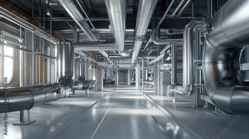 Industrial Interior with Pipes and Machinery Industrial Interior with Pipes and Machinery