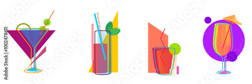 Cocktail glass halftone silhouettes with geometric vivid elements. Minimal modern fashion composition for branding. Bright vector illustration.