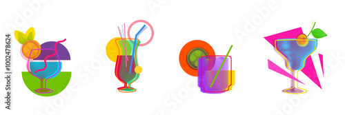Cocktail glass halftone silhouettes with geometric vivid elements. Minimal modern fashion composition for branding. Bright vector illustration.