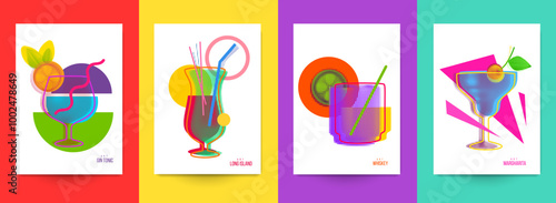 Set of abstract silhouette cocktails with alcohol or juice in minimalistic geometric flat style. Creative colorful composition. Concept for branding menu, cover, flyer, banner. Vector illustration.