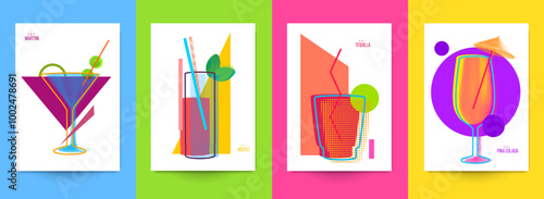 Set of abstract silhouette cocktails with alcohol or juice in minimalistic geometric flat style. Creative colorful composition. Concept for branding menu, cover, flyer, banner. Vector illustration.