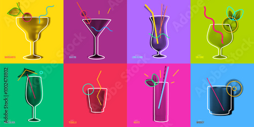 Abstract art silhouettes cocktail drinks in minimal geometric style. Set fashion design elements for bar, cafe, restaurant. Bright vector illustration.
