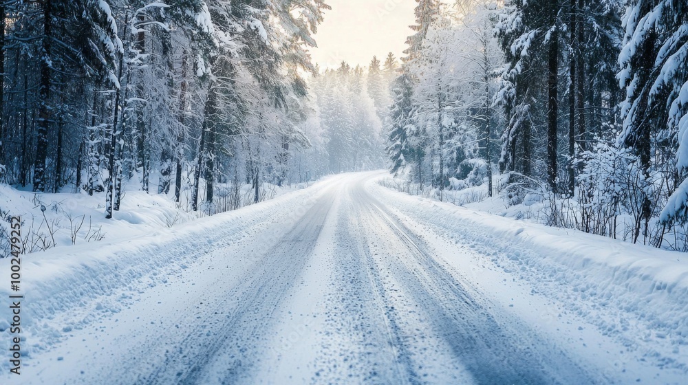 Winter road trip with snow-covered landscape. Roadway and route snowy street trip. Driving Winter road trip with snow-covered landscape. Roadway and route snowy street trip. Driving