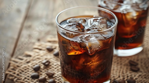 Iced coffee in a glass with coffee beans on a table.