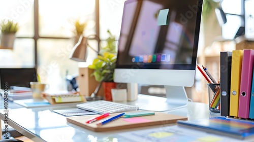 A workspace with a computer, keyboard, and other office supplies.