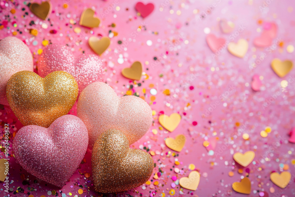 Fototapeta premium Colorful glitter hearts and confetti on a pink background for festive celebrations