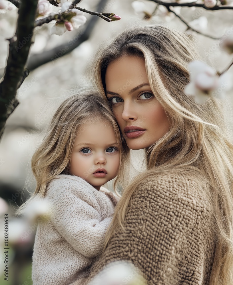 Mother holding her baby daughter in a soft and cozy embrace surrounded by blooming flowers
Mother holding her baby daughter in a soft and cozy embrace surrounded by blooming flowers