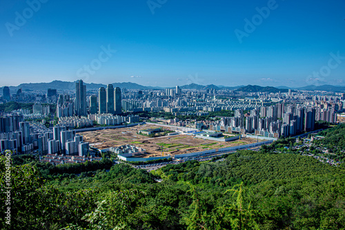 Gaepo-dong, Seocho-gu, Seoul, South Korea - July 15, 2020: Aerial view of Seoul downtown with Tower Palace and highrise apartments seen from Guryongsan Mt