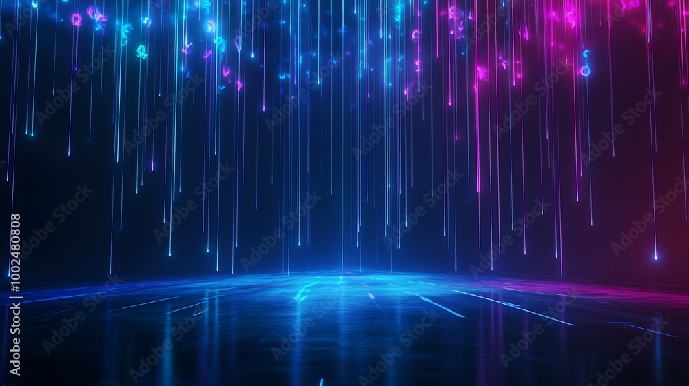 Abstract digital background with vibrant light trails and glowing effects in blue and pink hues.