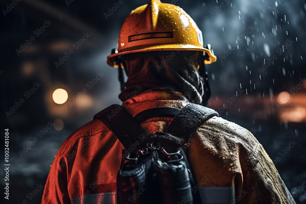 AI generated photo of brave firefighter after evacuations of people AI generated photo of brave firefighter after evacuations of people
