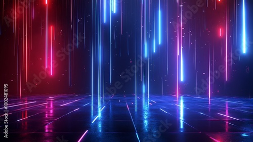 Abstract digital background with vibrant neon lights streaming down in blue and pink hues.