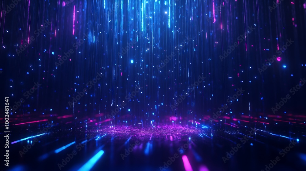 Fototapeta premium Abstract digital landscape with glowing lines and particles in vibrant colors.