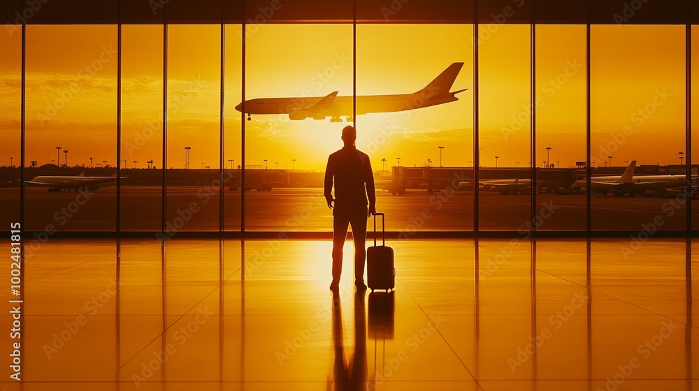 Silhouette of a Traveler at Sunset with Airplane Taking Off Silhouette of a Traveler at Sunset with Airplane Taking Off