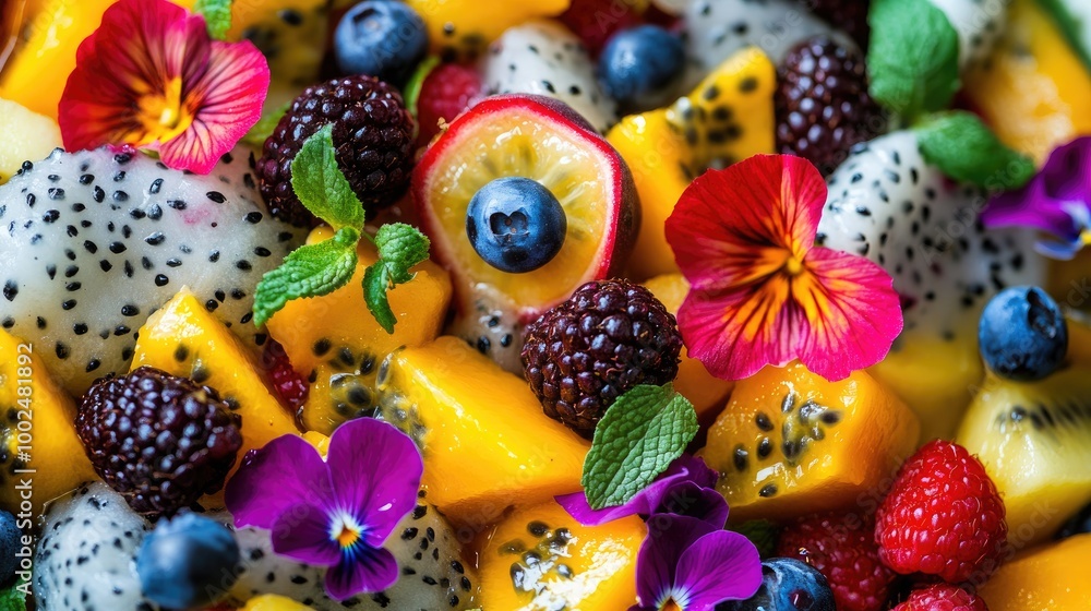 A high-res shot of edible flowers and exotic fruit salad, with a mix of colorful berries, passionfruit, and dragon fruit, drizzled with saffron syrup.