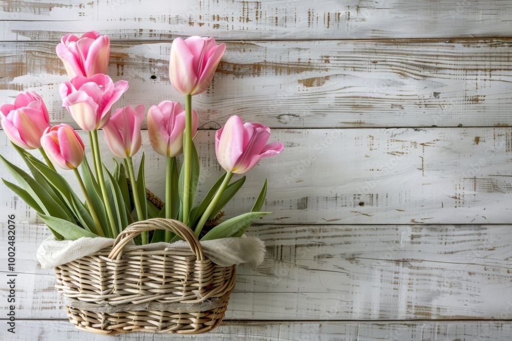 Obraz premium Basket of Pink Tulips Against a Rustic White Wooden Background, Symbolizing Springtime Beauty, Simplicity, and Rustic Charm