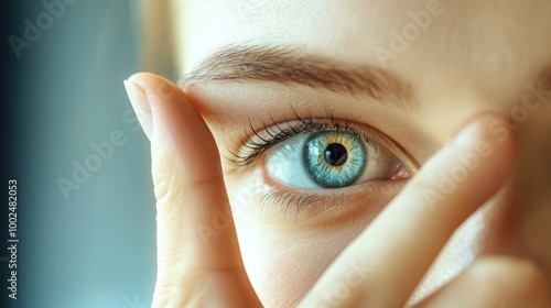 Close-up of a person's hand forming an okay sign over an eye creating a playful interaction with light and perspective photo