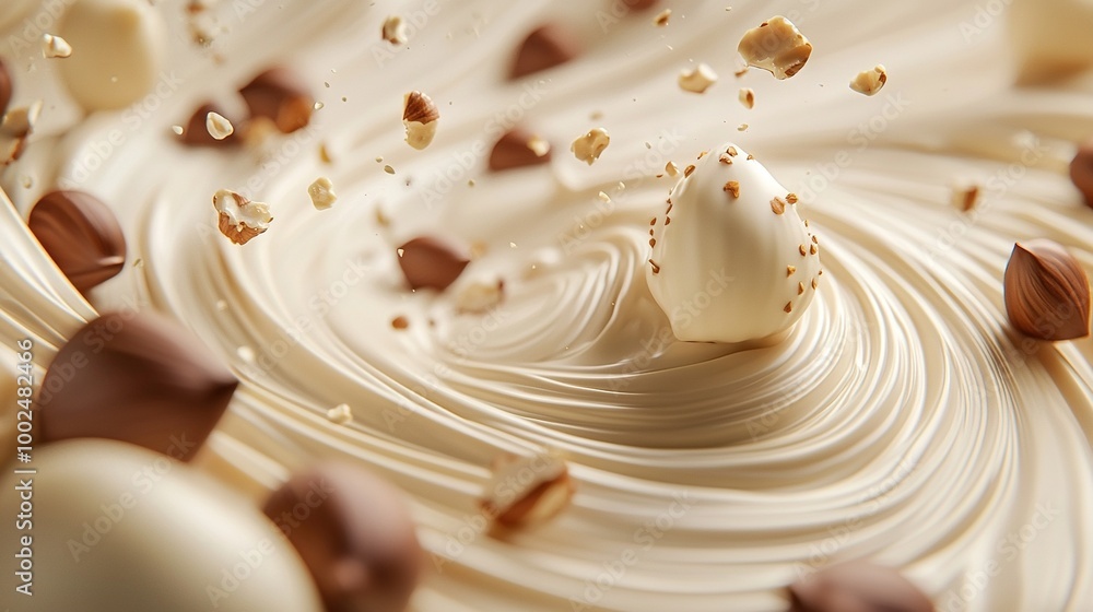 A close-up cream swirl with nuts emerging from its center and chocolate chips at the base A close-up cream swirl with nuts emerging from its center and chocolate chips at the base